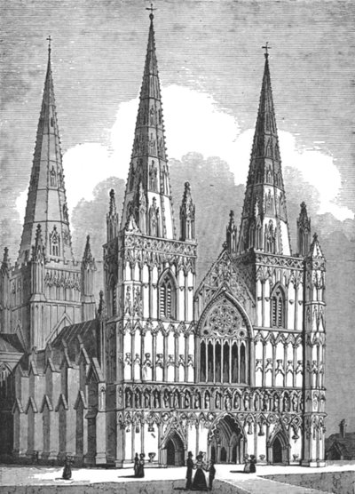 Frente oeste de la Catedral de Lichfield, Staffordshire, c. 1843 de J. Jackson