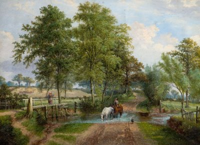 Escena rural con caballos en el arroyo, 1870s de J. Jolly