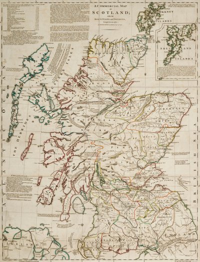 Un mapa comercial de Escocia con las carreteras, etapas y distancias de J. Knox