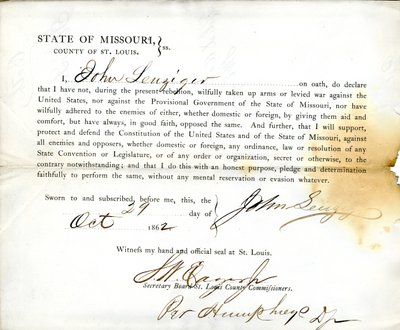 Juramento de lealtad de John Leuziger de Missouri, Condado de St. Louis de J. Leuziger