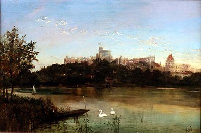 Figuras en una barca y cisnes en el Támesis con el castillo de Windsor al fondo de J. Lewis