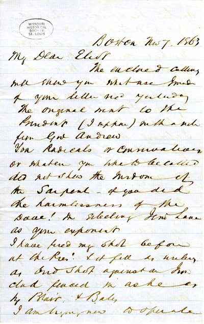 Carta firmada por J.M.F. [J.M. Forbes], Boston, a Eliot [William G. Eliot], 7 de noviembre de 1863 de J. M. Forbes