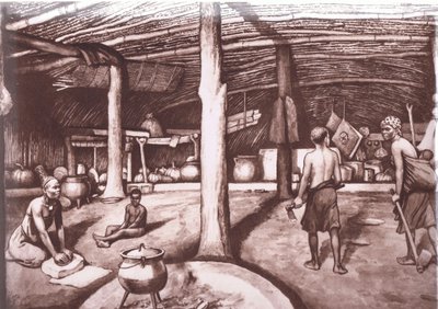 Interior de un kraal kafir, de los carteles de la escuela MacMillan, c.1950-60s (litografía) de J. Macfarlane