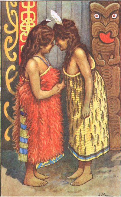 Niñas maoríes, de los carteles escolares de MacMillan, c.1950-60s (litografía en color) de J. Macfarlane