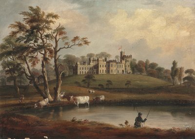 Vista del castillo de Hornby, Yorkshire, con un pescador y ganado en las orillas del río Wenning de J. Miller