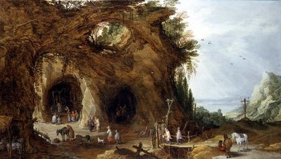 Peregrinos en un santuario en un paisaje montañoso de J. and Momper J. de Brueghel