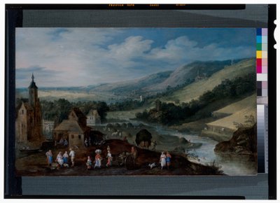 Un extenso paisaje fluvial con campesinos recogiendo la cosecha de J. & Momper J. de (1564 1635) Brueghel
