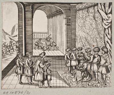 Ilustración para Adam Olearius, "Persianischer Rosenthal von einem Sinnreichen Poeten Schich Saadi [...]", Schleswig 1660 de J. Muller