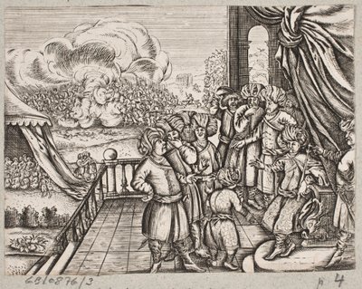 Ilustración para Adam Olearius, "Persianischer Rosenthal von einem Sinnreichen Poeten Schich Saadi [...]", Schleswig 1660 de J. Muller