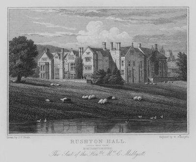 Rushton Hall, Vista Suroeste, Northamptonshire, La Residencia de la Honorable Sra. C Medlycott (grabado) de John Preston Neale