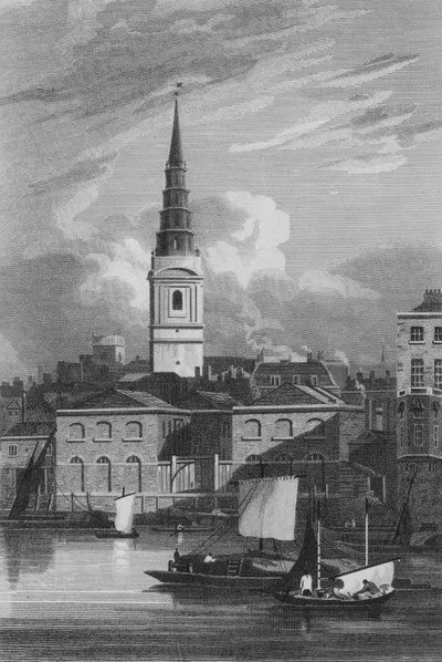 Vista de la Iglesia de St Bride, tomada desde el Río Támesis de John Preston Neale