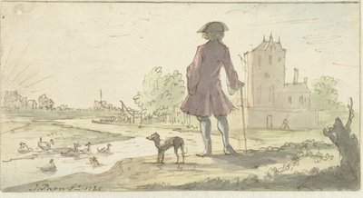 Hombre con perro cerca del agua de J. Paon (signed by artist)