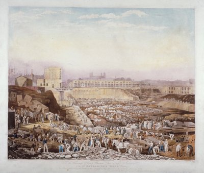 Vista de las obras de construcción en el muelle de St Katherine, Stepney, Londres, enero de 1828 de J Phelps