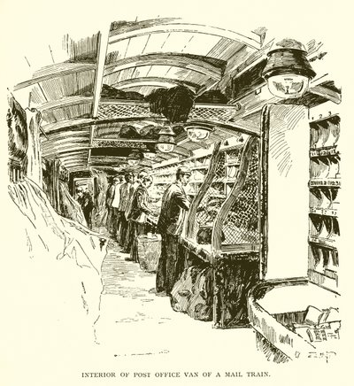 Interior de la furgoneta de correos en un tren de correo de J. R. Sinclair