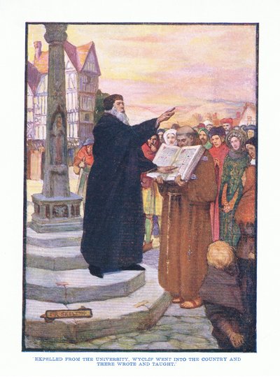 Expulsado de la universidad, Wyclif se fue al campo y allí escribió y enseñó, de Literatura Inglesa pub. por T C & EC Jack, c.1920 de J. R. Skelton