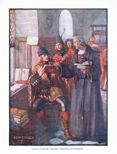 Grandes nobles visitaron el taller de Caxton, de Literatura Inglesa pub. por T C & EC Jack, c.1920 de J. R. Skelton