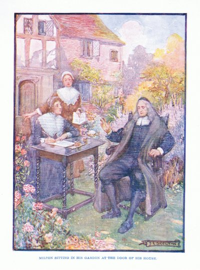 Milton sentado en su jardín en la puerta de su casa, de Literatura Inglesa pub. por T C & EC Jack, c.1920 de J. R. Skelton