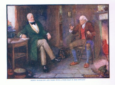 Scott solía sentarse y hablar con un hombre pobre en su cabaña, de Literatura Inglesa pub. por T C & EC Jack, c.1920 de J. R. Skelton