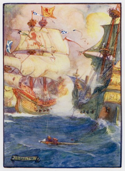 El capitán naval escocés Sir Andrew Wood de Largo y sus dos barcos el Yellow Carvel y el Flower, derrotando a cuatro barcos ingleses frente a Dunbar, 1489 de J. R. Skelton