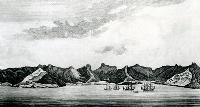 Vista de la Bahía de Cumberland en la isla de Juan Fernández, c.1745 (grabado) de J. S. Mason
