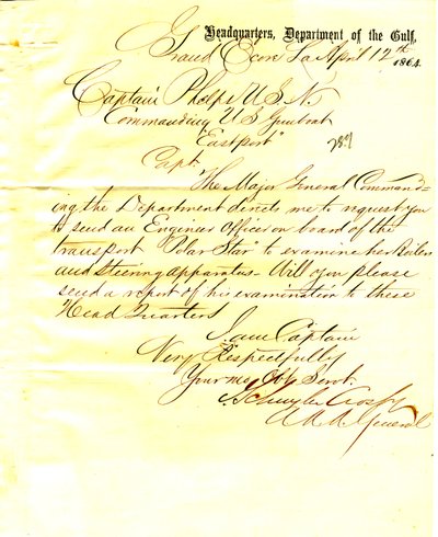 Carta de J. Schuyler Crosby, Grand Ecore, Louisiana, a Seth Ledyard Phelps, comandante del USS Eastport, 12 de abril de 1864 de J. Schuyler Crosby