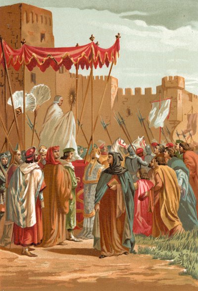 Encuentro de Petrarca y Guy de Chauliac fuera del castillo de los Papas en Aviñón de J. Serra
