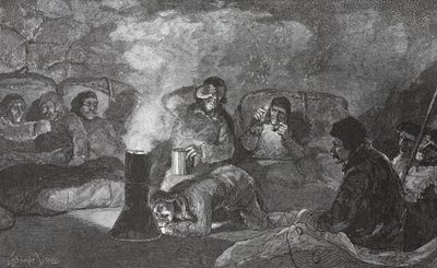 Interior de nuestra cabaña de invierno en Camp Clay, durante la cocción, 1883 de J. Steeple Davis
