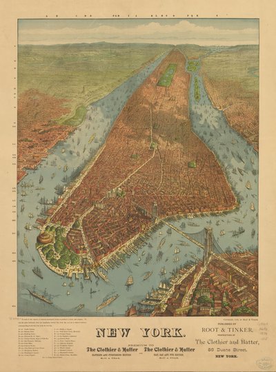 Mapa en perspectiva no dibujado a escala. Nueva York de J. W. Root and Tinker Williams