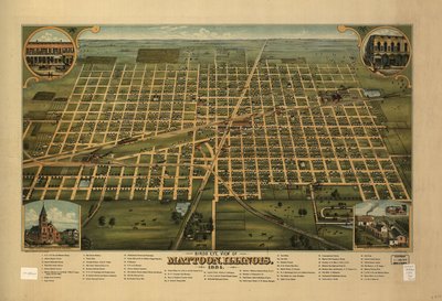 Vista aérea de Mattoon, Illinois 1884. de J. W. Shober and Carqueville Smith