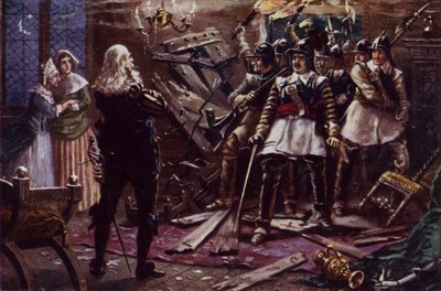 Soldados parlamentarios de Oliver Cromwell irrumpiendo en la casa de un partidario del rey Carlos I (litografia en color) de J. Williamson