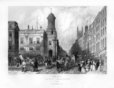 El difunto Royal Exchange y Cornhill, Londres, siglo XIX de J. Woods
