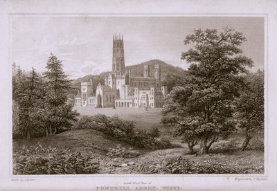 Vista suroeste de la Abadía de Fonthill, grabada por T. Higham, 1823 de J. after Rutter