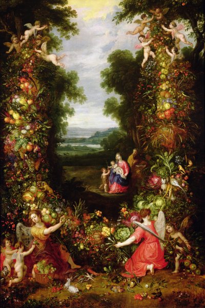Sagrada Familia en un paisaje con una guirnalda de frutas y verduras de J. and Avont, P. van Brueghel