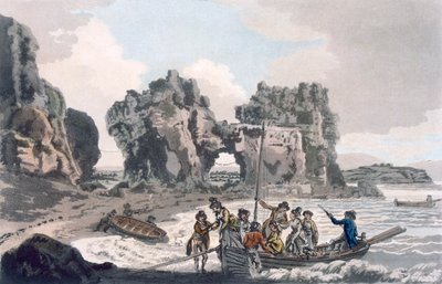 Vista del Castillo Rock, desde el lugar de desembarco en Flat Holmes, de A Picturesque Guide to Bath, Bristol Hot-Wells, the River Avon and the Adjacent Country, publicado en 1793 de J. and Ibbetson, J.C. Hassell