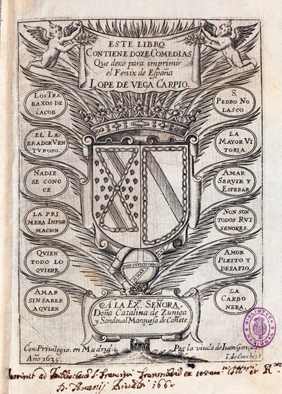 Portadilla de la colección de doce comedias de Félix Lope de Vega Carpio (1562-1635) de J. de (after) Courbes