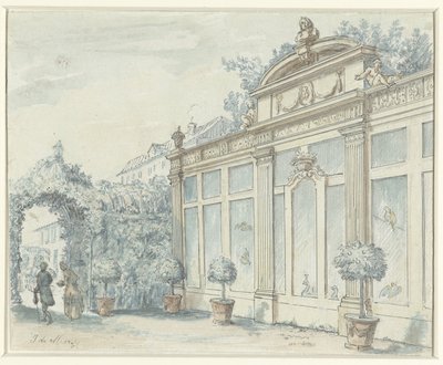 Vista en un jardín francés con un caballero y una dama de J. de Marsy