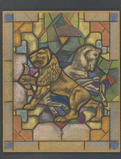 Diseño para una vidriera con un león y un caballo de Jaap Weyand