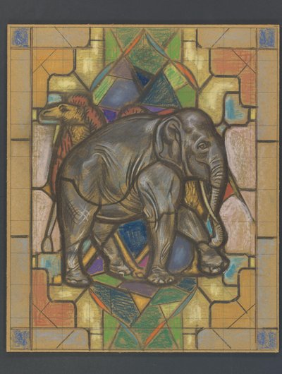 Diseño para una vidriera con un elefante y un camello de Jaap Weyand