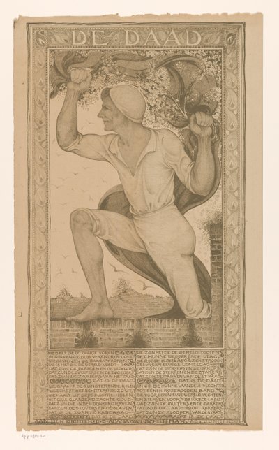 Hombre con pancarta y rama de flor
La escritura (título sobre el objeto) de Jac Jongert