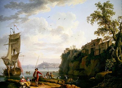 Pescadores junto a un barco amarrado con un pueblo de Jacob Philippe Hackert