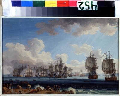 ""La Batalla de Chesma el 07/05/1770"" (La Batalla naval de Chesma el 5 de julio de 1770) Opuso las flotas de la Rusia de Catalina II y el Imperio Otomano a Quíos en Grecia (Revolución de Orloff o Expedición del hermanos Orloff). pintura gouache de Jacob Philippe Hackert