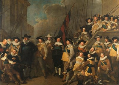 Oficiales y otros guardias civiles del V Distrito de Ámsterdam bajo el mando del capitán Cornelis de Graeff y el teniente Hendrick Lauwrensz de Jacob Adriaensz. Backer