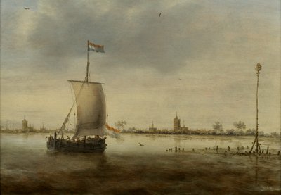 Un velero en la costa de una ciudad holandesa que se cree que es Schoonhoven de Jacob Adriaensz. Bellevois