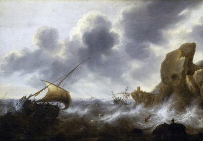 Un barco pesquero atrapado en una tormenta cerca de una costa rocosa, con un naufragio. Óleo sobre lienzo de Jacob Adriaensz Bellevois (1621-1675). de Jacob Adriaensz. Bellevois