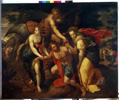 Las tres edades de la vida humana. (Las Tres Edades). Un hombre en la flor de la vida es sostenido por ángeles mientras vacila, a la derecha, un joven sale de una cueva, cerca de él una mujer arrodillada hace un gesto para detenerlo y a la izquierda de Jacob Adriensz Backer