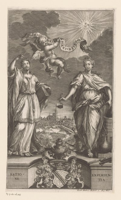 Alegoría de la Medicina en Estrasburgo Pharmacopoeia Argentoratensis (título sobre el objeto) de Jacob Andreas Fridrich (I)