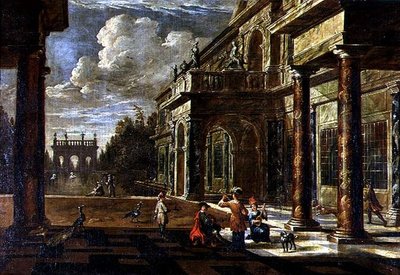 Músicos fuera de palacios renacentistas de Jacob Balthasar Peeters