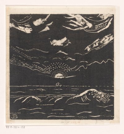 Paisaje marino con velero y sol poniente de Jacob Bendien
