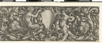 Friso con un escudo llevado por un sátiro masculino y femenino de Jacob Binck (signed by artist)