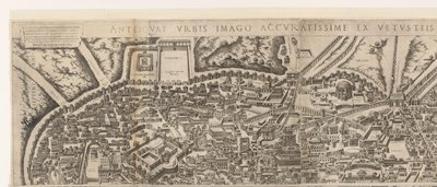 Plattegrond van Rome ten tijde van keizer Augustus (bovenste blad) (título en el objeto) Efigies de la antigua Roma a partir de restos de edificios en ruinas (título sobre el objeto) de Jacob Bos